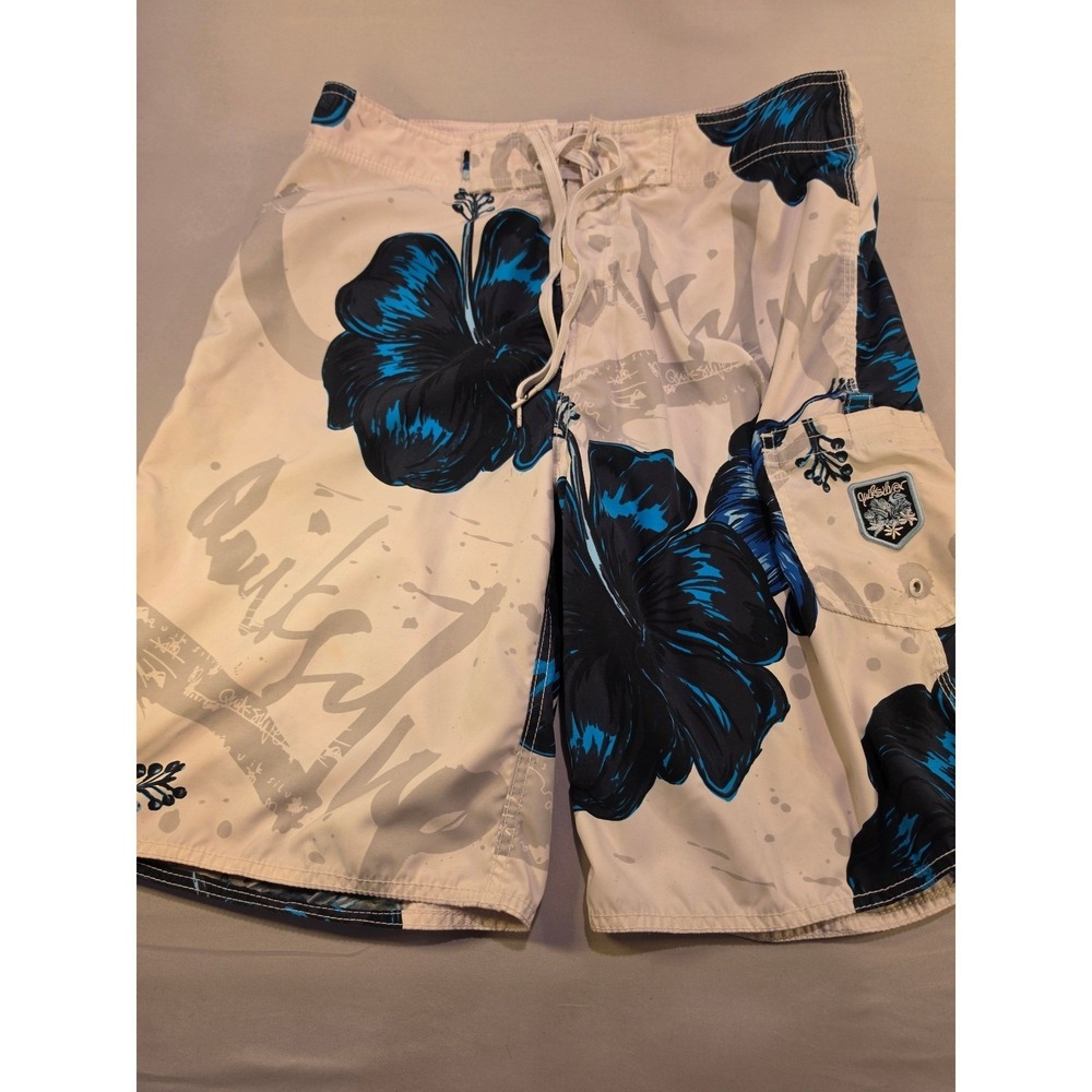 Quiksilver Mens Board Shorts Size 33 Blue Hibiscus Floral Tropical Swim Trunks